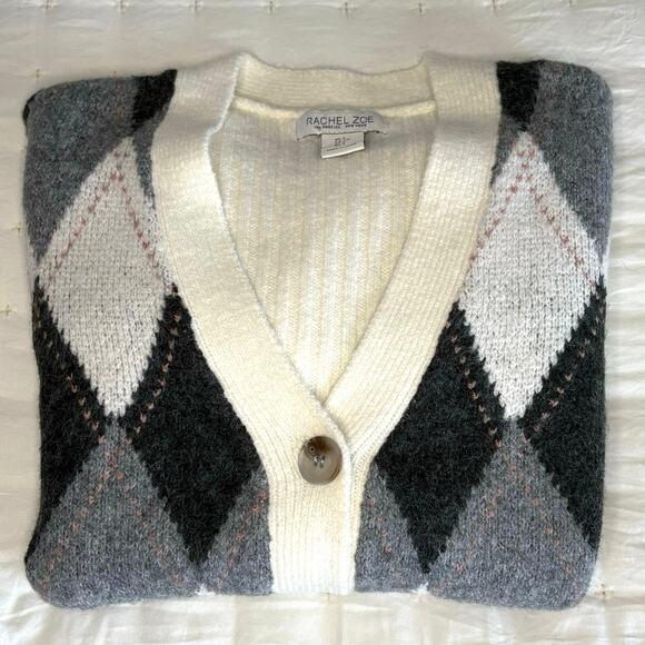 Rachel Zoe Argyle Cardigan Sweater Women's S | Cream & Gray | V-Neck | EUC - Picture 11 of 11